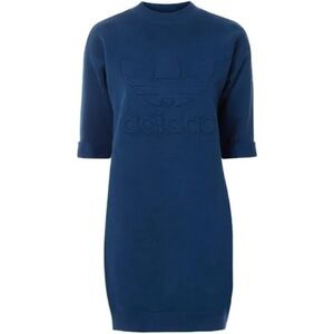 Adidas New York Sweater Dress Embossed Logo Blue Sz S High Crew Neck 1/2 Sleeve